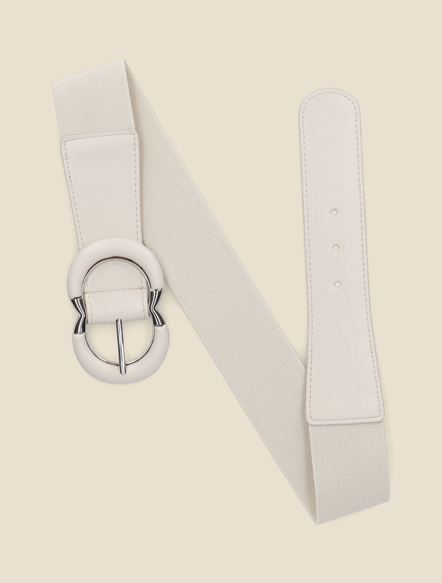 Ceinture élastiquée unie à boucle stylisée - Beige - 1