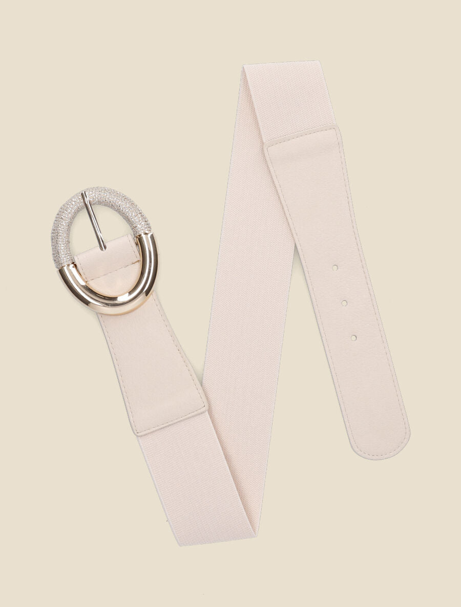 Ceinture élastiquée unie à boucle irisée - Beige - 1