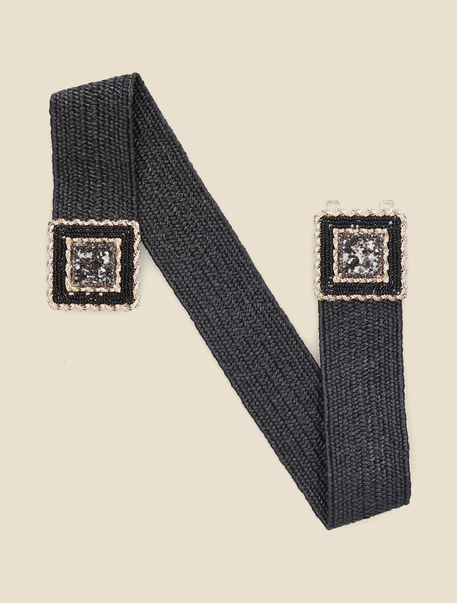 Ceinture boucle carrée à perles - Noir - 2