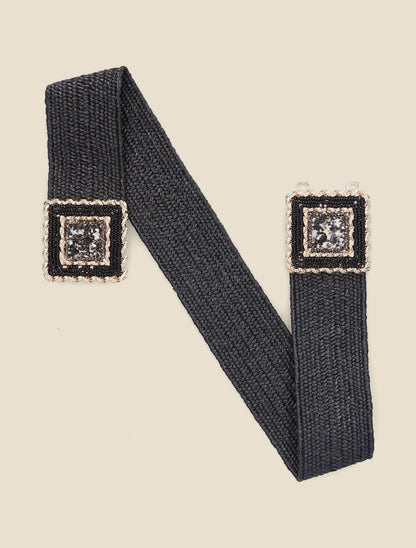 Ceinture boucle carrée à perles - Noir - 2