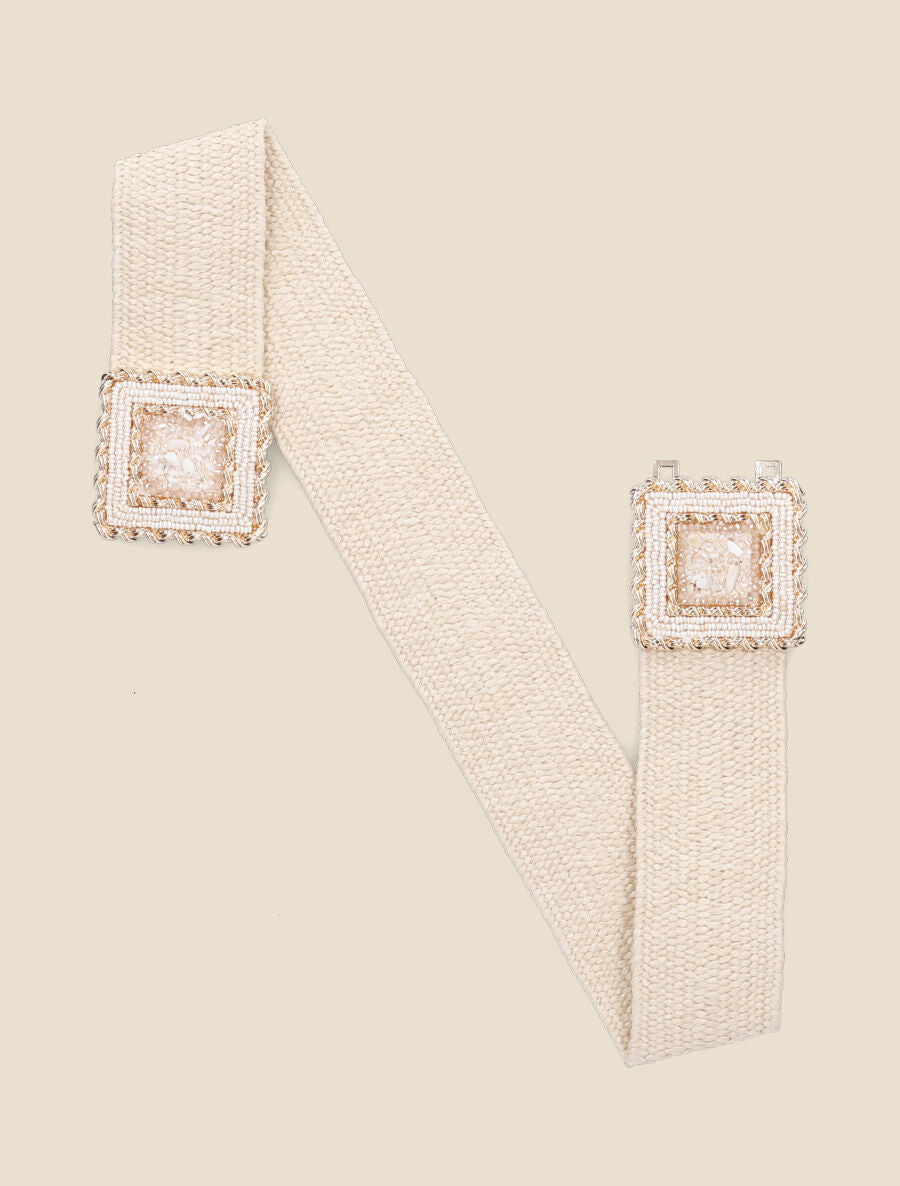 Ceinture boucle carrée à perles - Beige - 1