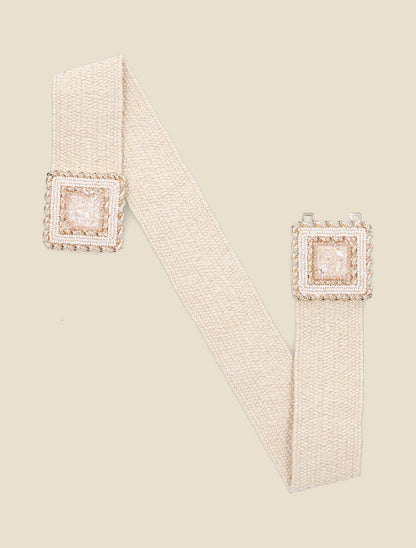 Ceinture boucle carrée à perles - Beige - 1