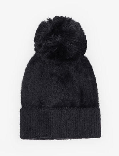 Bonnet uni en maille duveteuse - Noir - 3