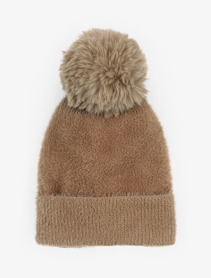 Bonnet uni en maille duveteuse - Camel - 1