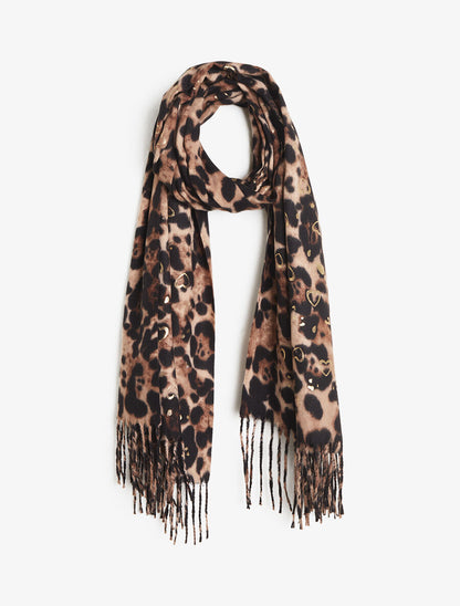 Foulard épais imprimé léopard et cœurs nacrés - Beige - 1