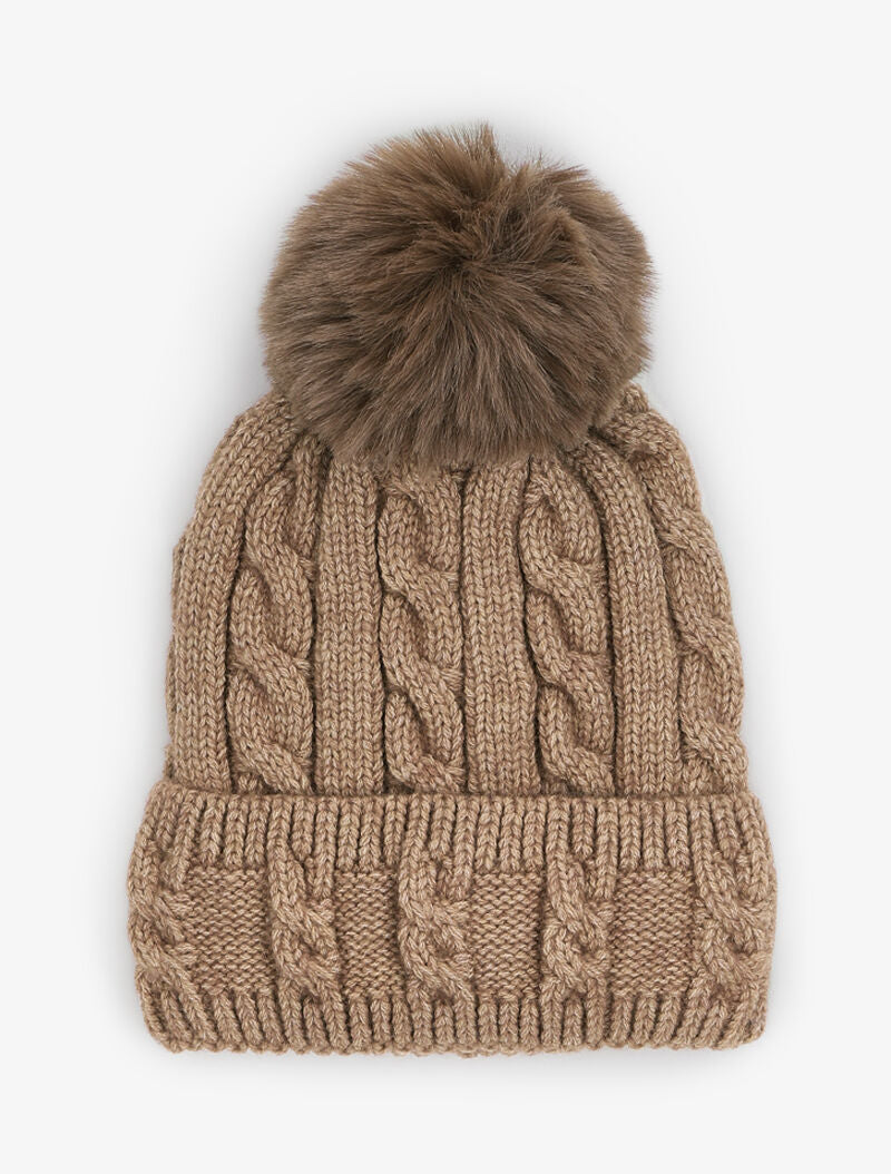 Bonnet en maille tressée à pompon - Taupe - 1