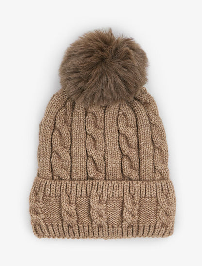 Bonnet en maille tressée à pompon - Taupe - 1
