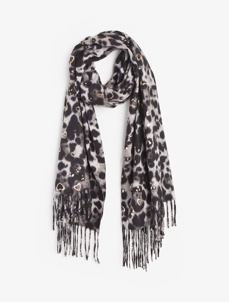 Foulard épais imprimé léopard et cœurs nacrés - Gris - 1