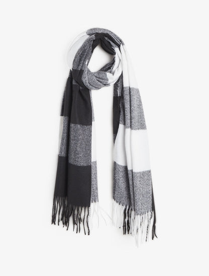 Echarpe à carreaux et bords à franges - Noir - 4