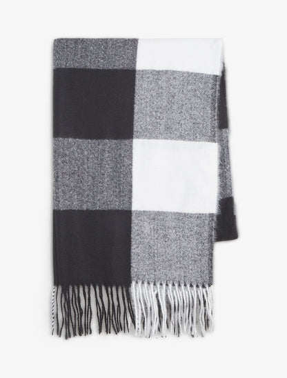 Echarpe à carreaux et bords à franges - Noir - 2
