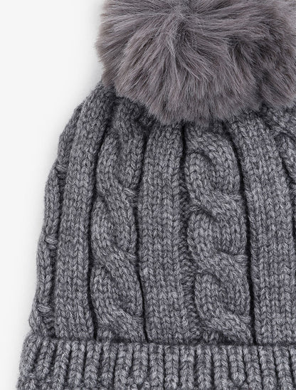 Bonnet en maille tressée à pompon - Gris - 2