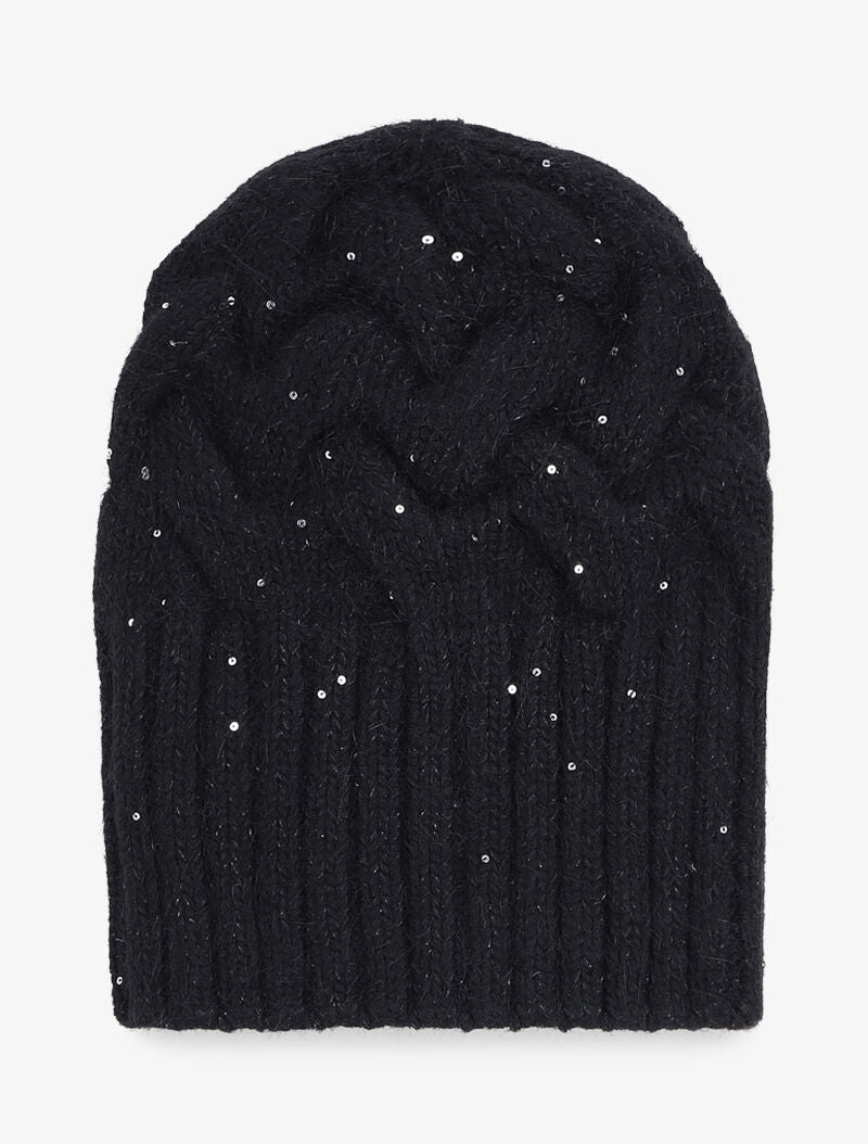 Bonnet en maille tressée à sequins - Noir - 1