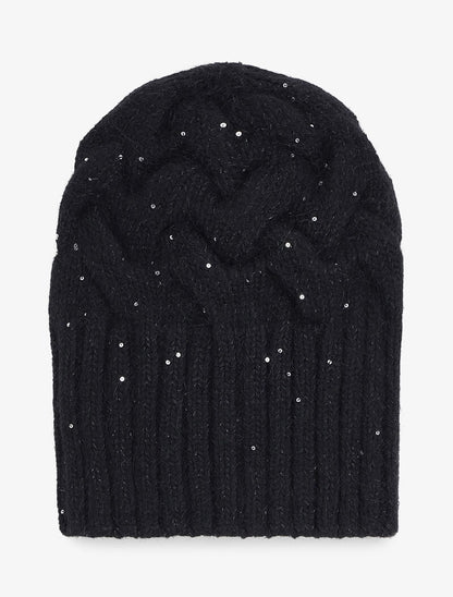 Bonnet en maille tressée à sequins - Noir - 1