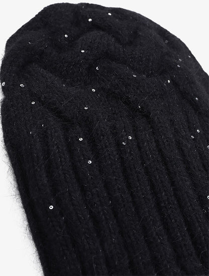 Bonnet en maille tressée à sequins - Noir - 2