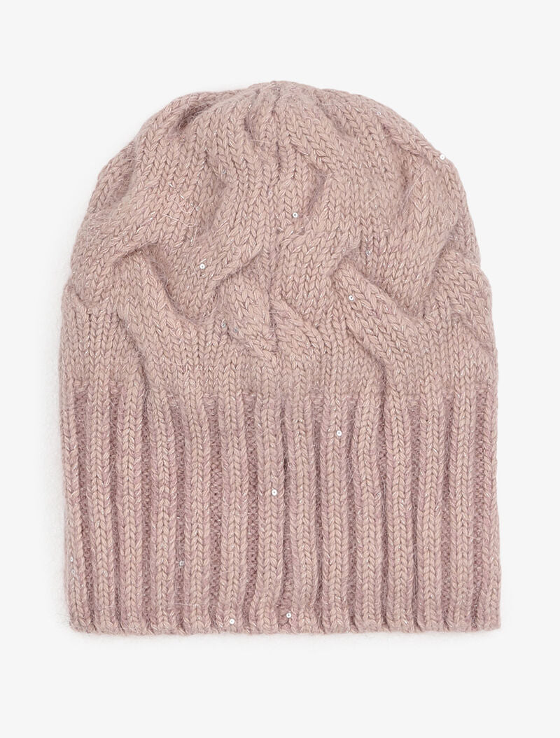 Bonnet en maille tressée à sequins - Rose poudré - 3