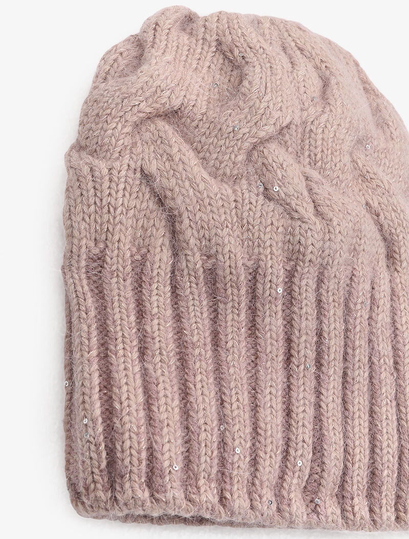 Bonnet en maille tressée à sequins - Rose poudré - 2