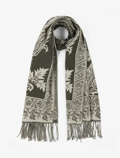 Echarpe imprimé cachemire à frange - Kaki - 1