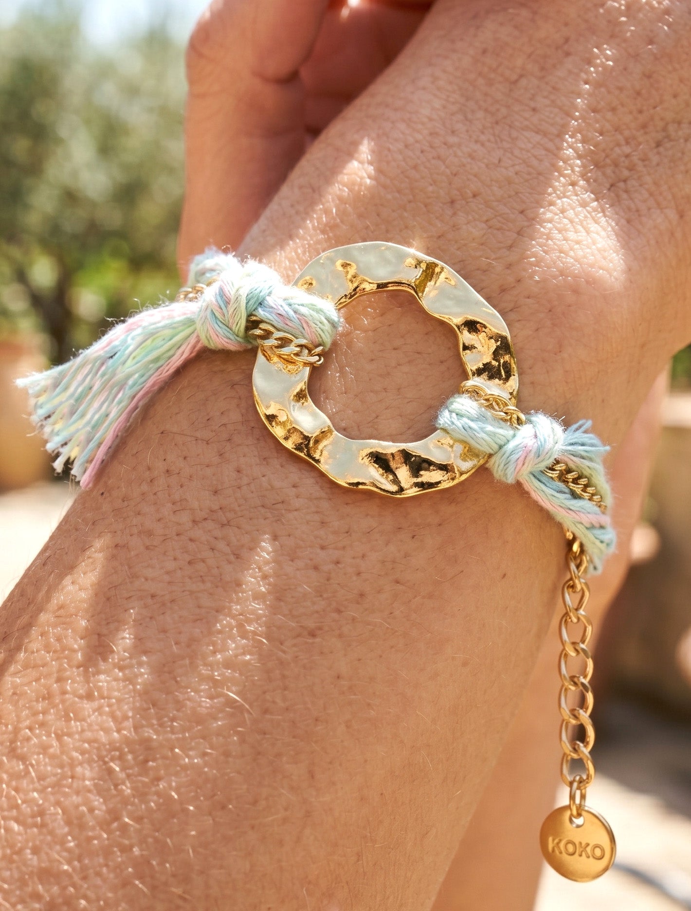 Bracelet en chaînes et fils tressés - Or/vert d&