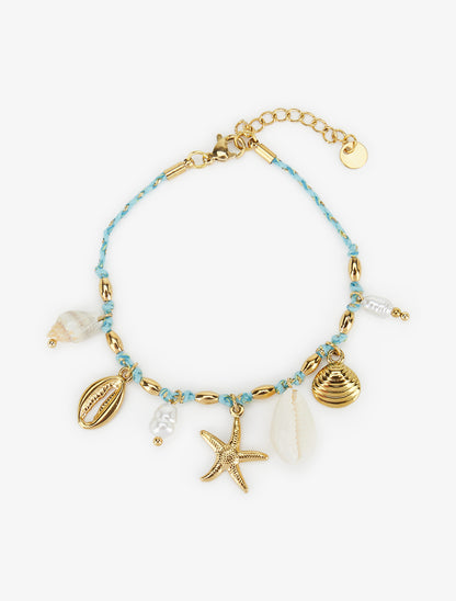 Bracelet corde à charms coquillages et perles - Or/bleu - 2