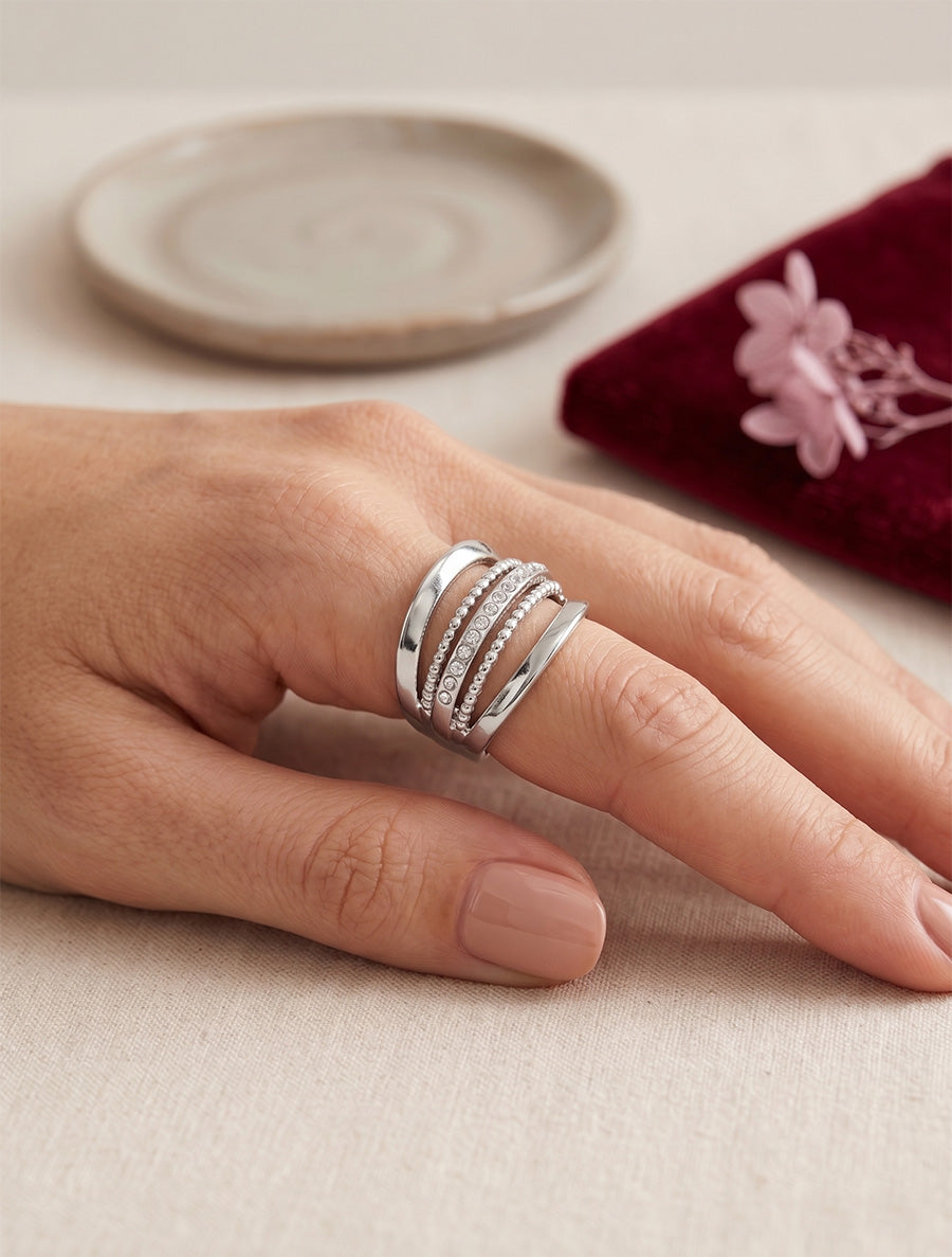 Bague multi-rangs à strass - Argent - 1