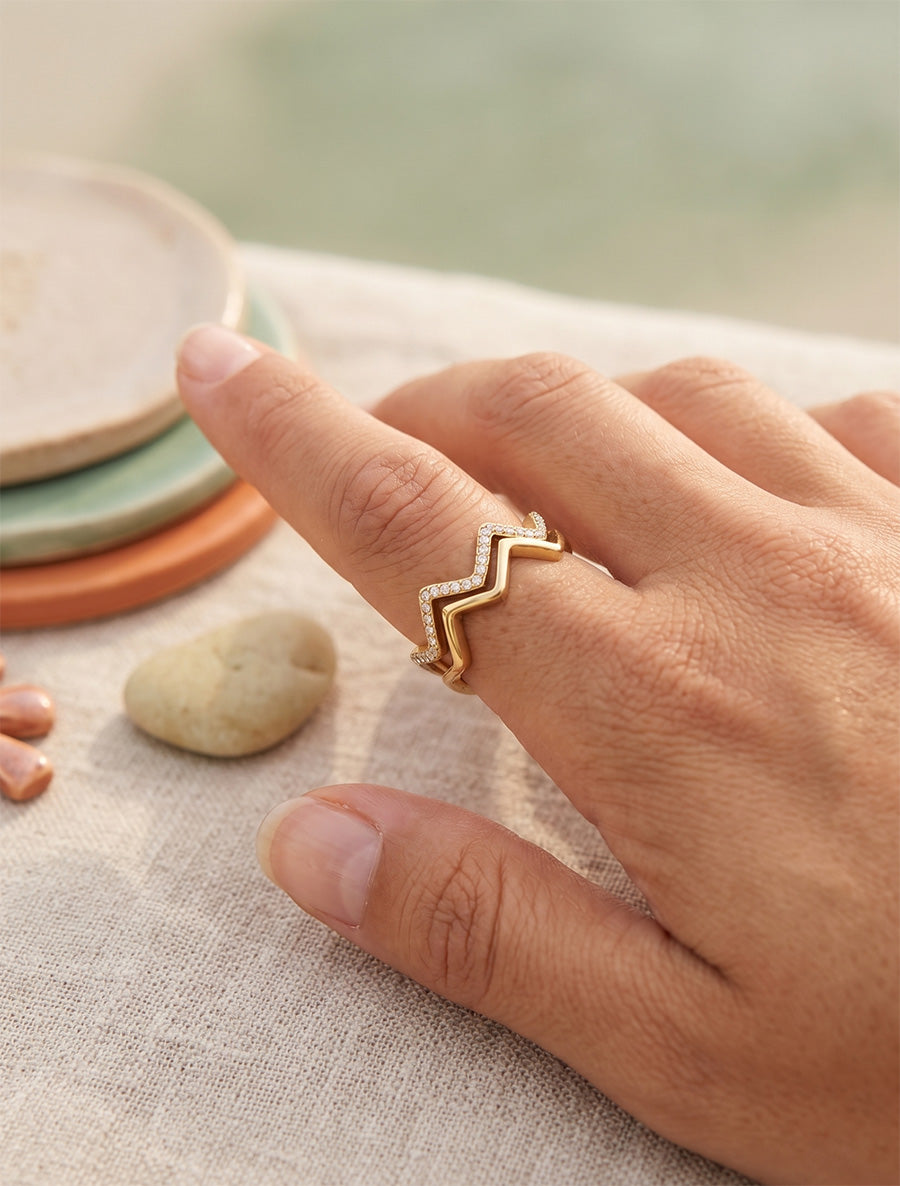Bague zigzag à strass - Or - 1
