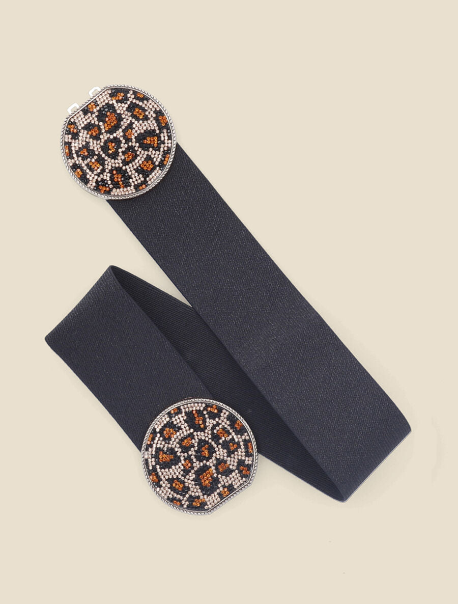 Ceinture à boucle métallique strassée à motif léopard - Noir/doré - 1