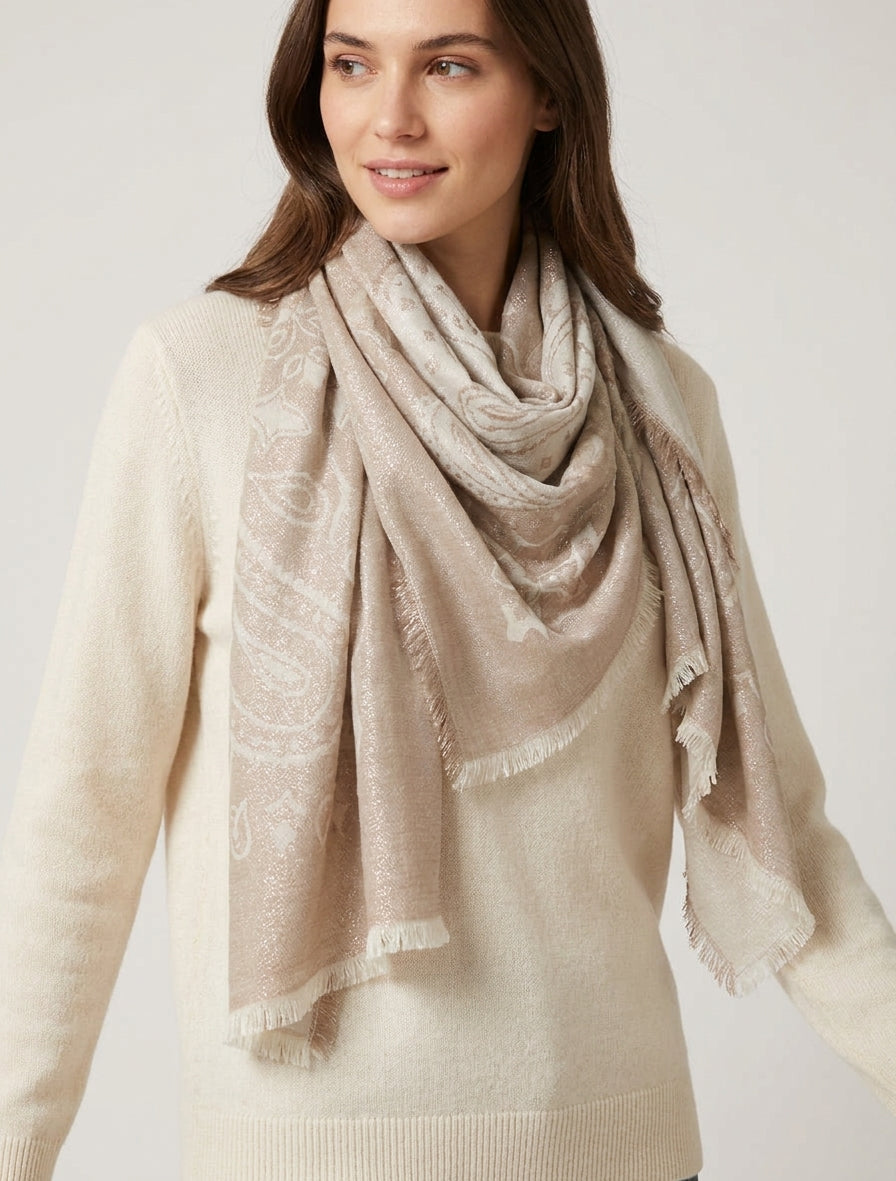 Pañuelo rectangular iridiscente con estampado de cachemira - Beis