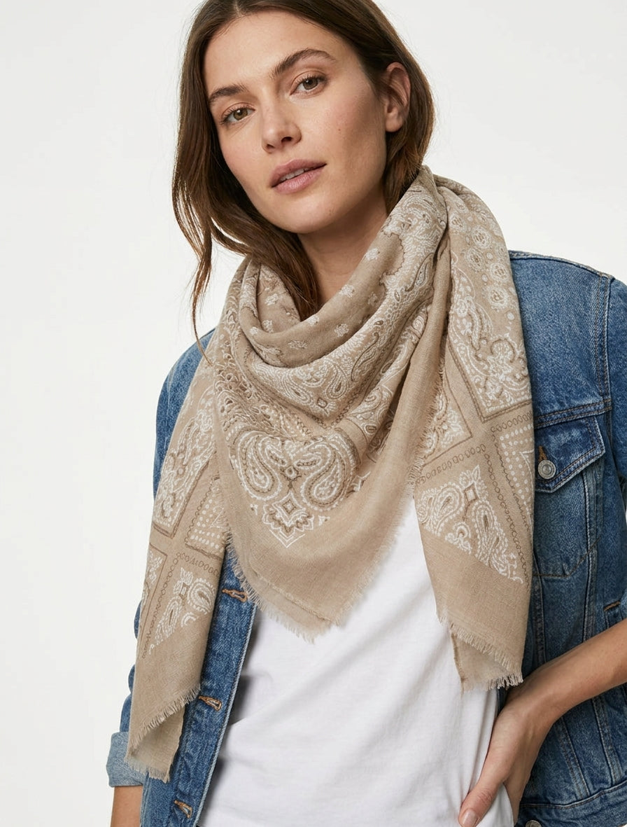 Bufanda estampada bandana en mezcla de algodón - Beis