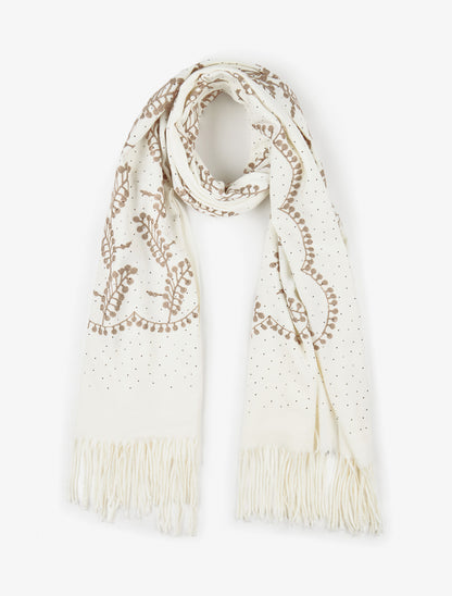 Echarpe en laine mélangée à broderies et strass - Écru - 1