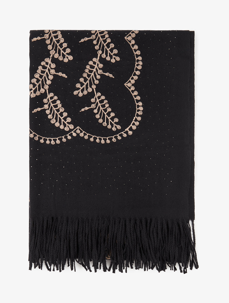 Echarpe en laine mélangée à broderies et strass - Noir - 2