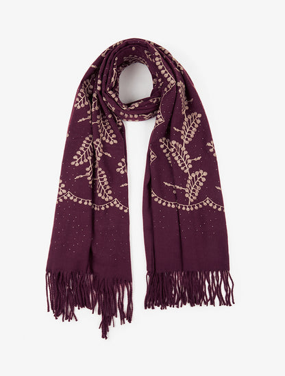 Echarpe en laine mélangée à broderies et strass - Lie de vin - 1