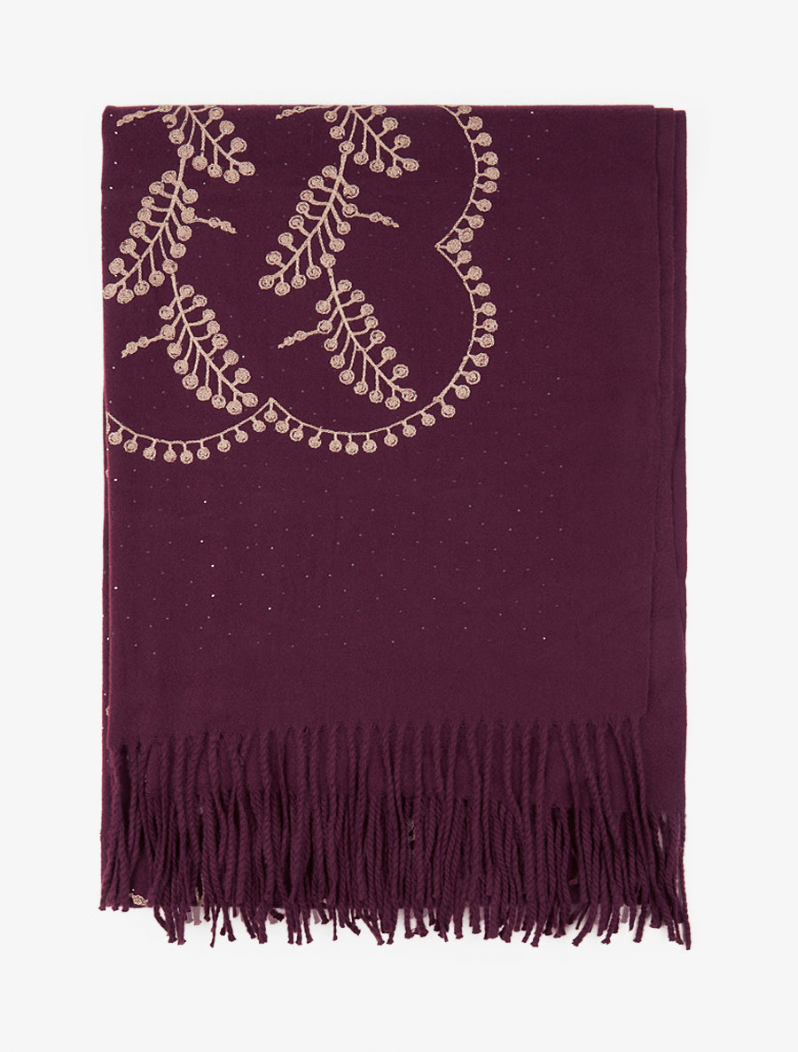 Echarpe en laine mélangée à broderies et strass - Lie de vin - 2