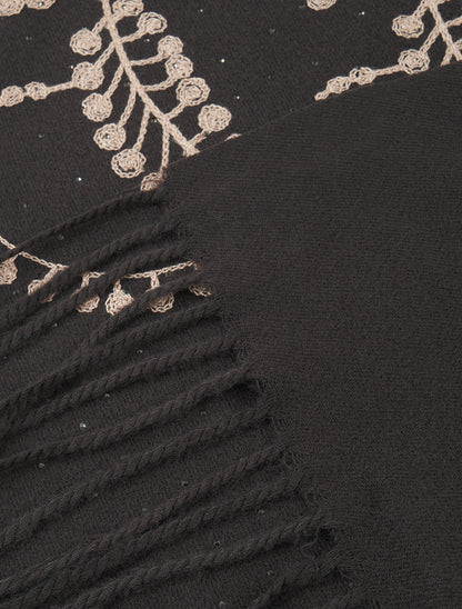 Echarpe en laine mélangée à broderies et strass - Marron - 3