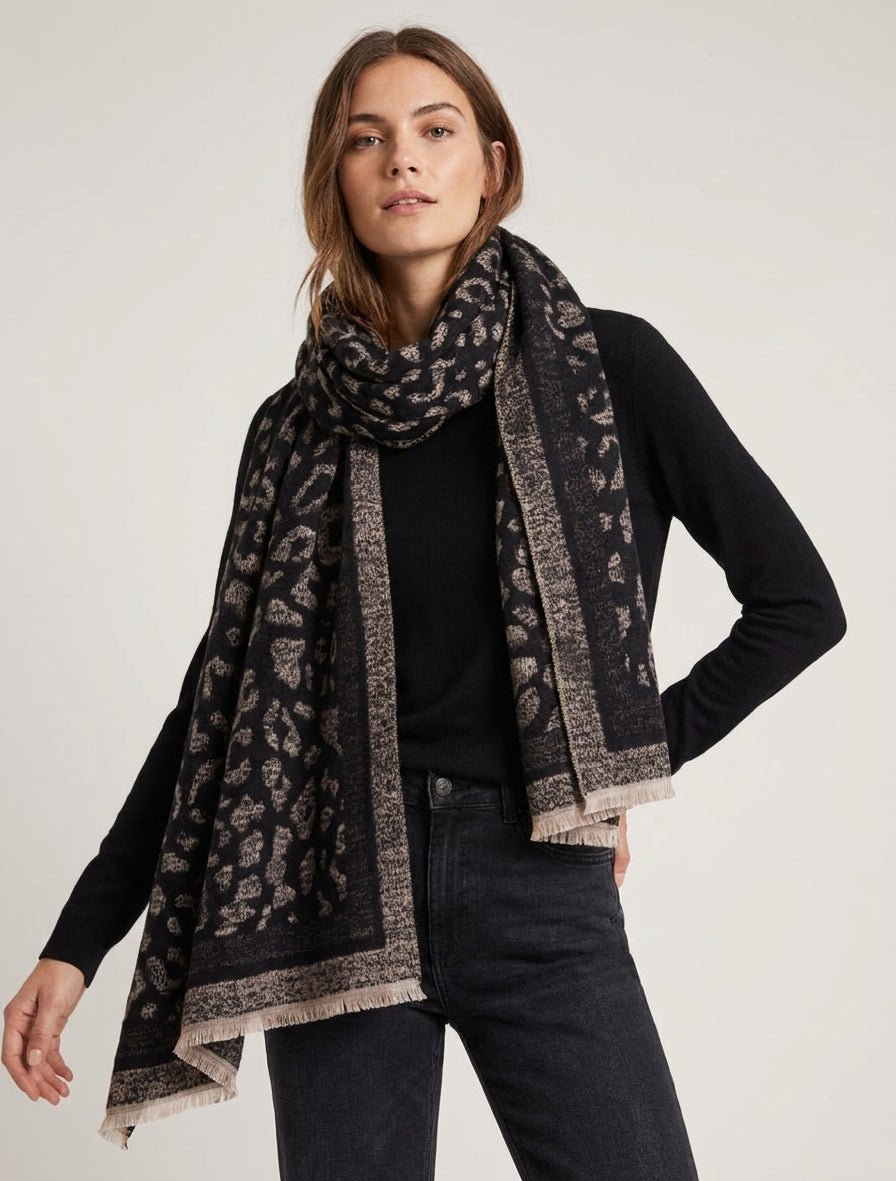 Bufanda acolchada con estampado de leopardo - Negro