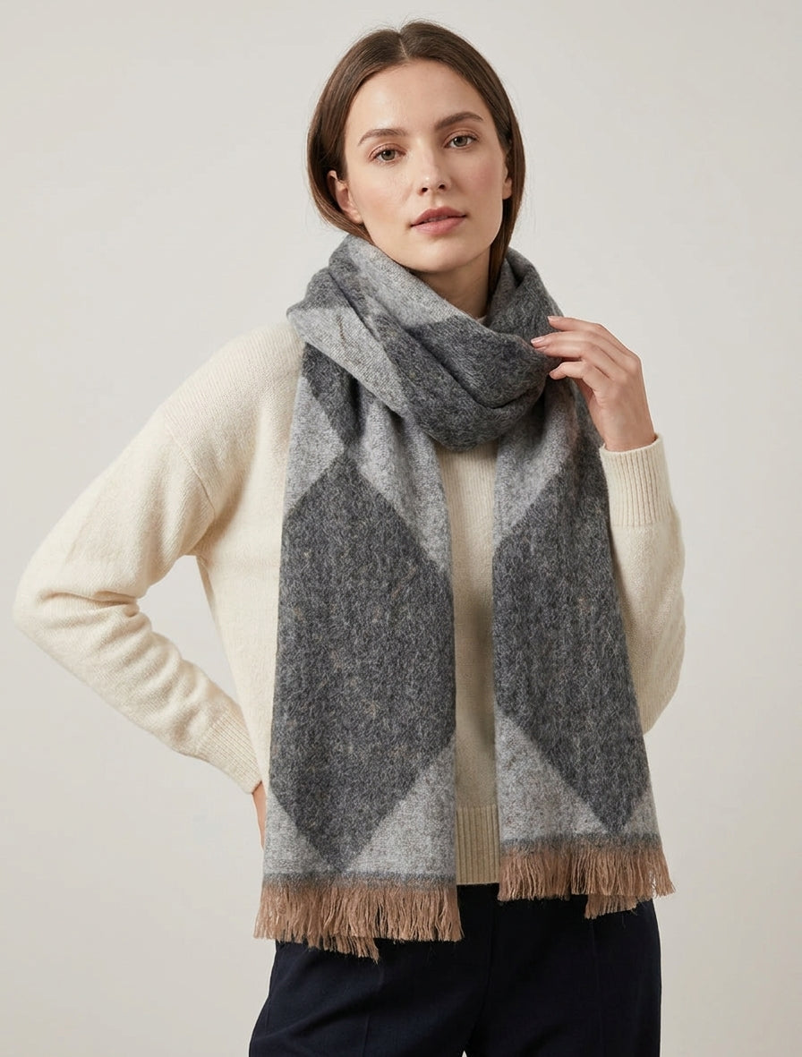 Bufanda de cachemira mezclada con estampado de rombos - Gris