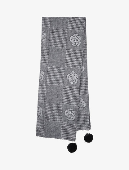 Echarpe à pompons et motif roses - Noir - 2
