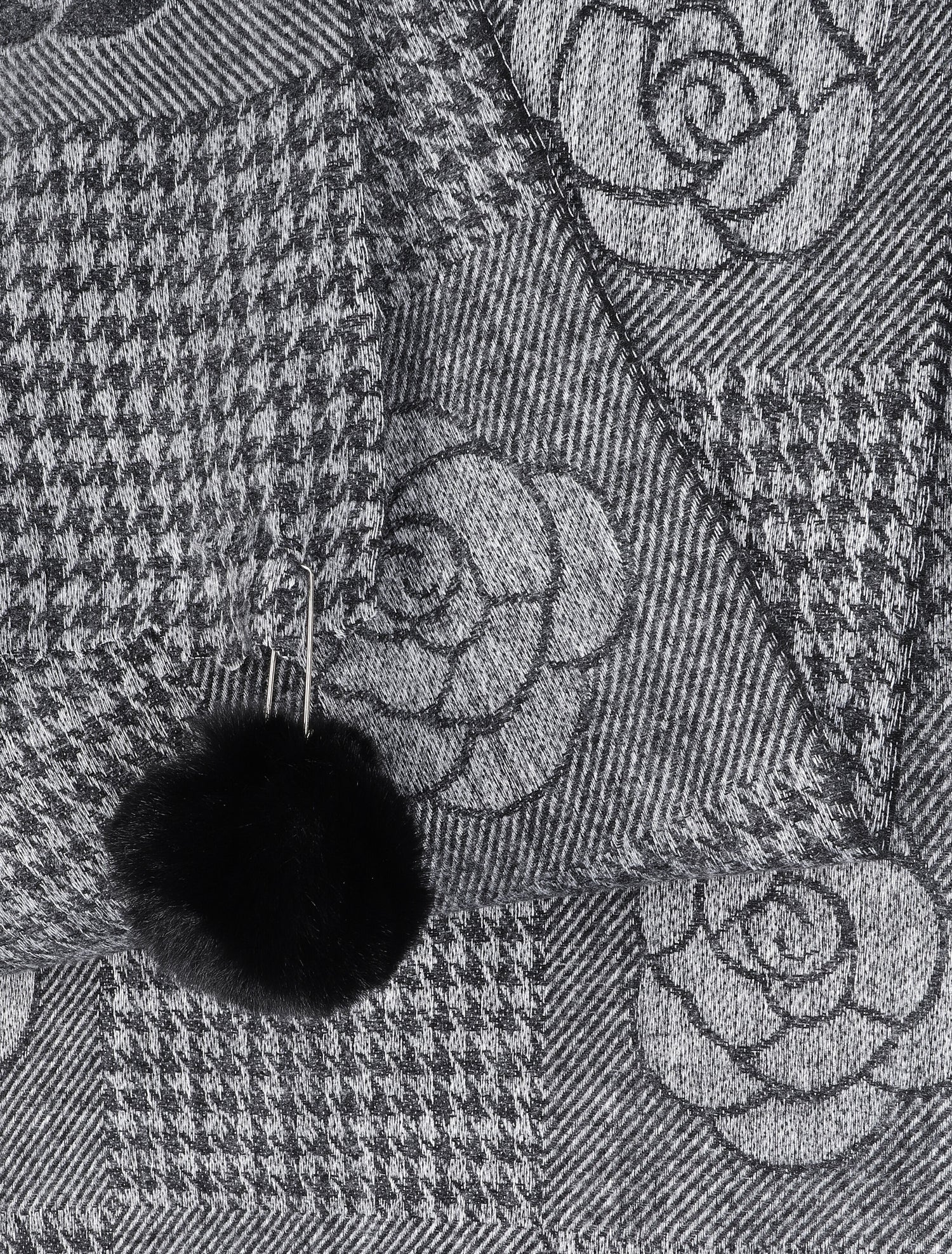 Echarpe à pompons et motif roses - Noir - 3