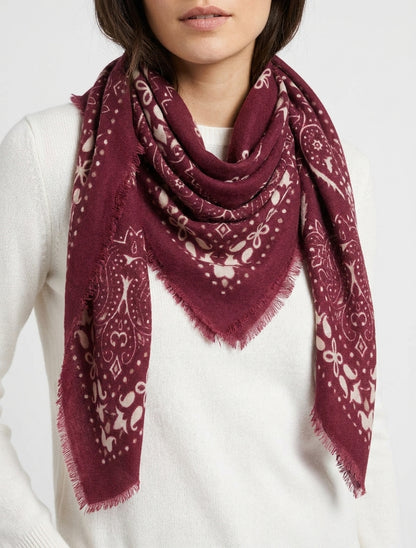 Pañuelo estampado paisley con bordes deshilachados - Burdeos
