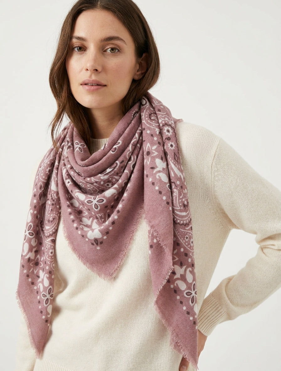 Pañuelo estampado paisley con bordes deshilachados - Rosa viejo