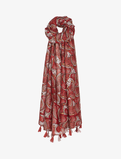 Foulard à imprimé éventails et bords à pompons - Brique - 1