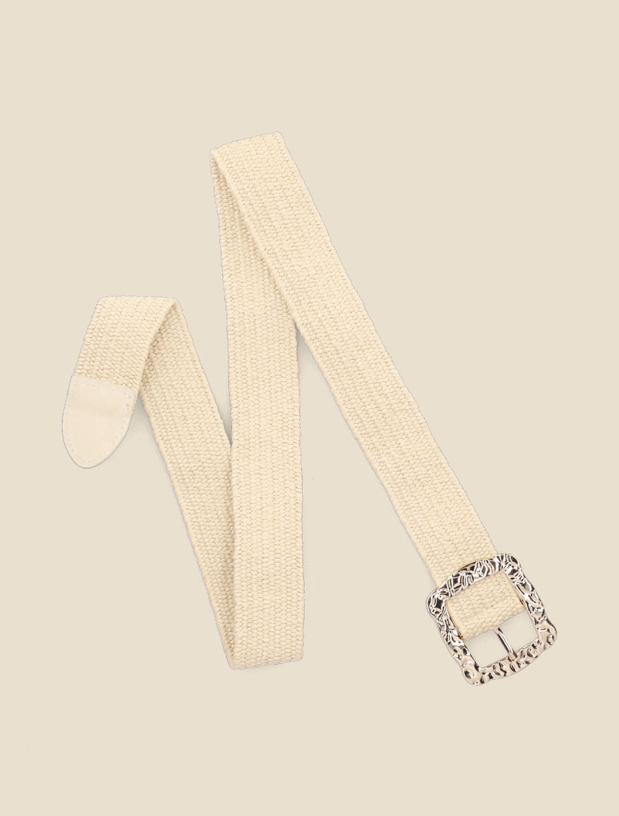 Ceinture style raphia à boucle carrée dorée - Beige - 1