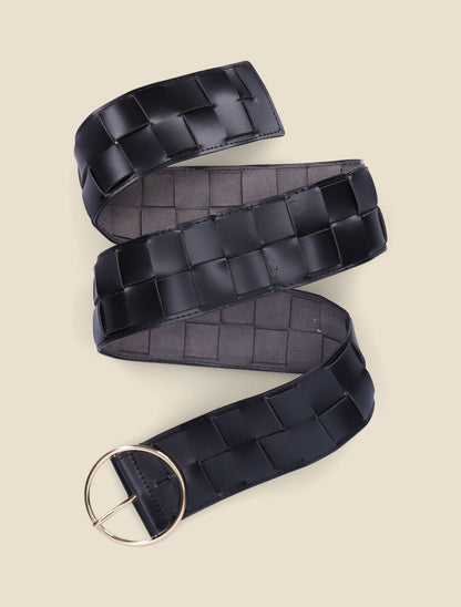 Ceinture en simili tressé à boucle ronde - Noir/or - 1