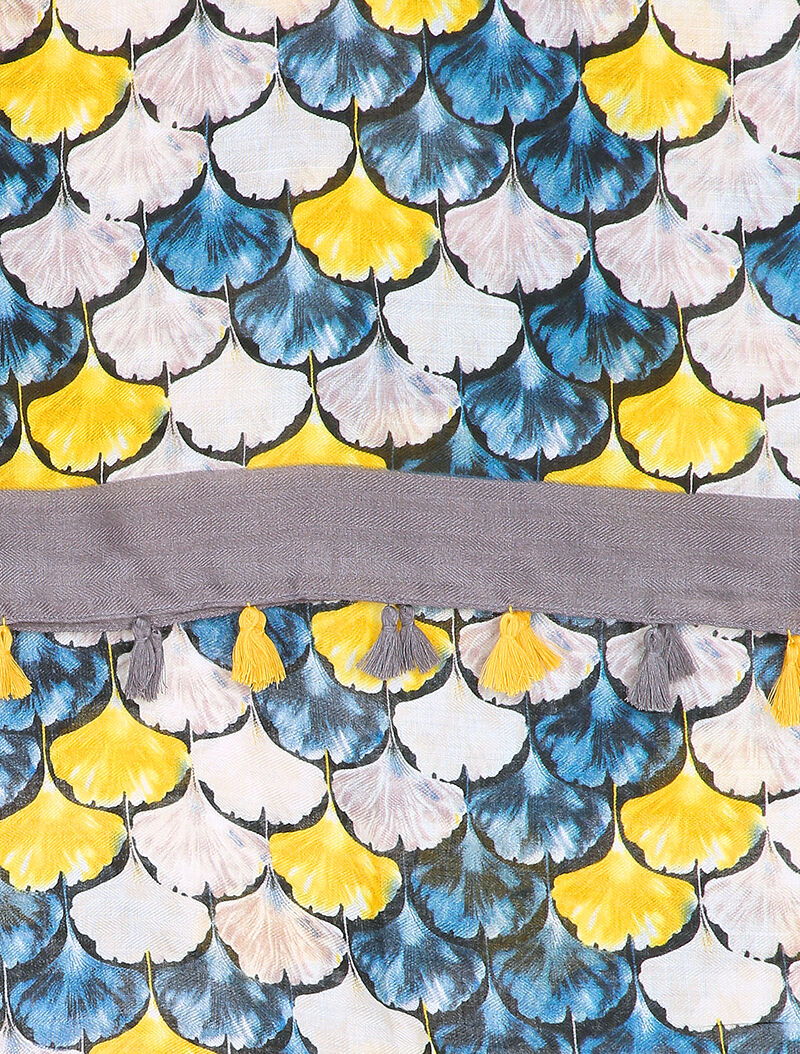 Foulard à imprimé feuilles en écailles et bords à pompons - Gris - 2