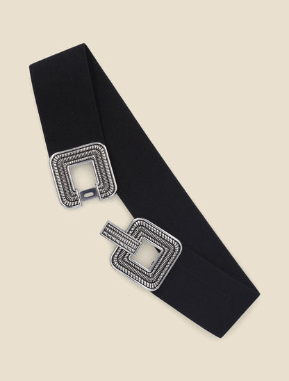 Ceinture élastiquée à boucles carrées à détails stylisés - Noir/argent - 2