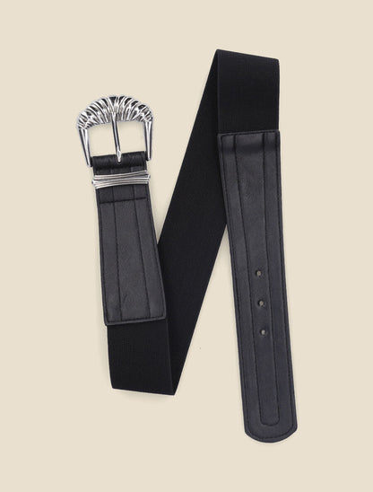 Ceinture bi-matière à boucle style coquillage - Noir - 2