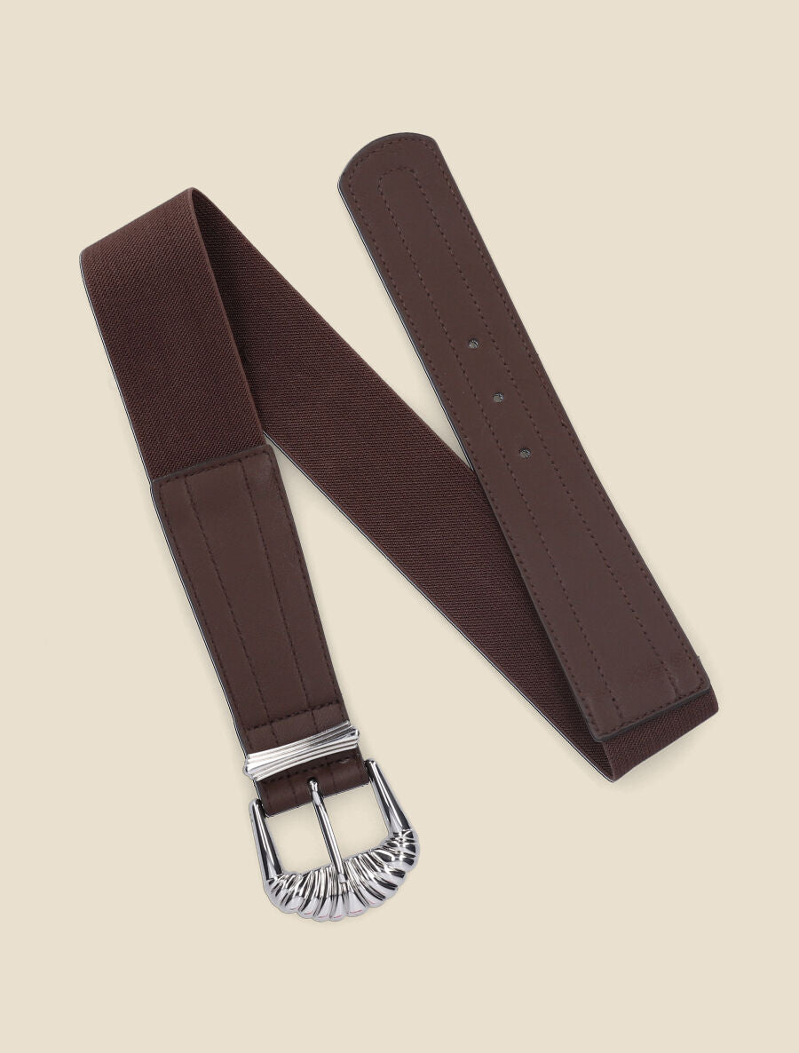 Ceinture bi-matière à boucle style coquillage - Marron - 1