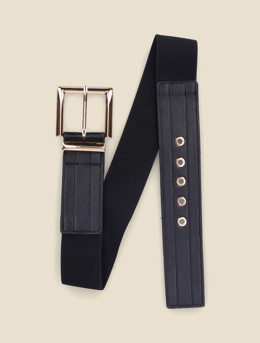 Ceinture bi-matière à boucle carrée métallique - Noir/or - 2