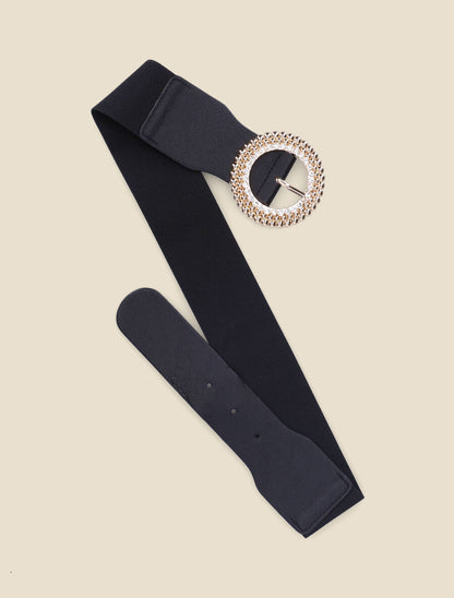 Ceinture à boucle ronde stylisée ornée de strass - Noir/or - 2