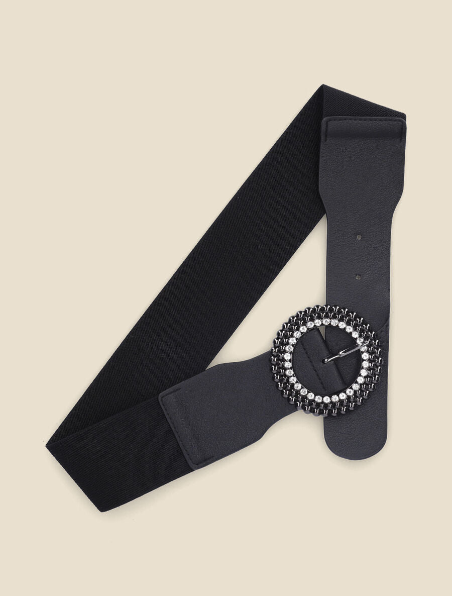 Ceinture à boucle ronde stylisée ornée de strass - Noir - 1