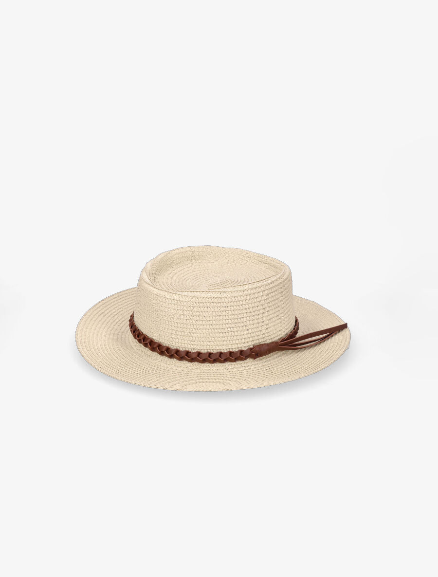 Canotier à galon en simili tressé - Beige - 1